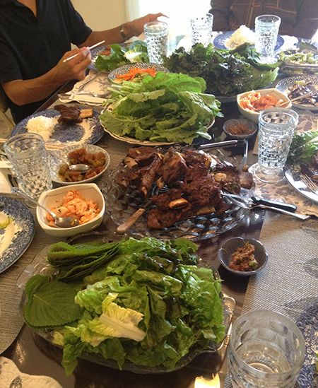 First dinner at my parent's house: kalbi and ssam.
