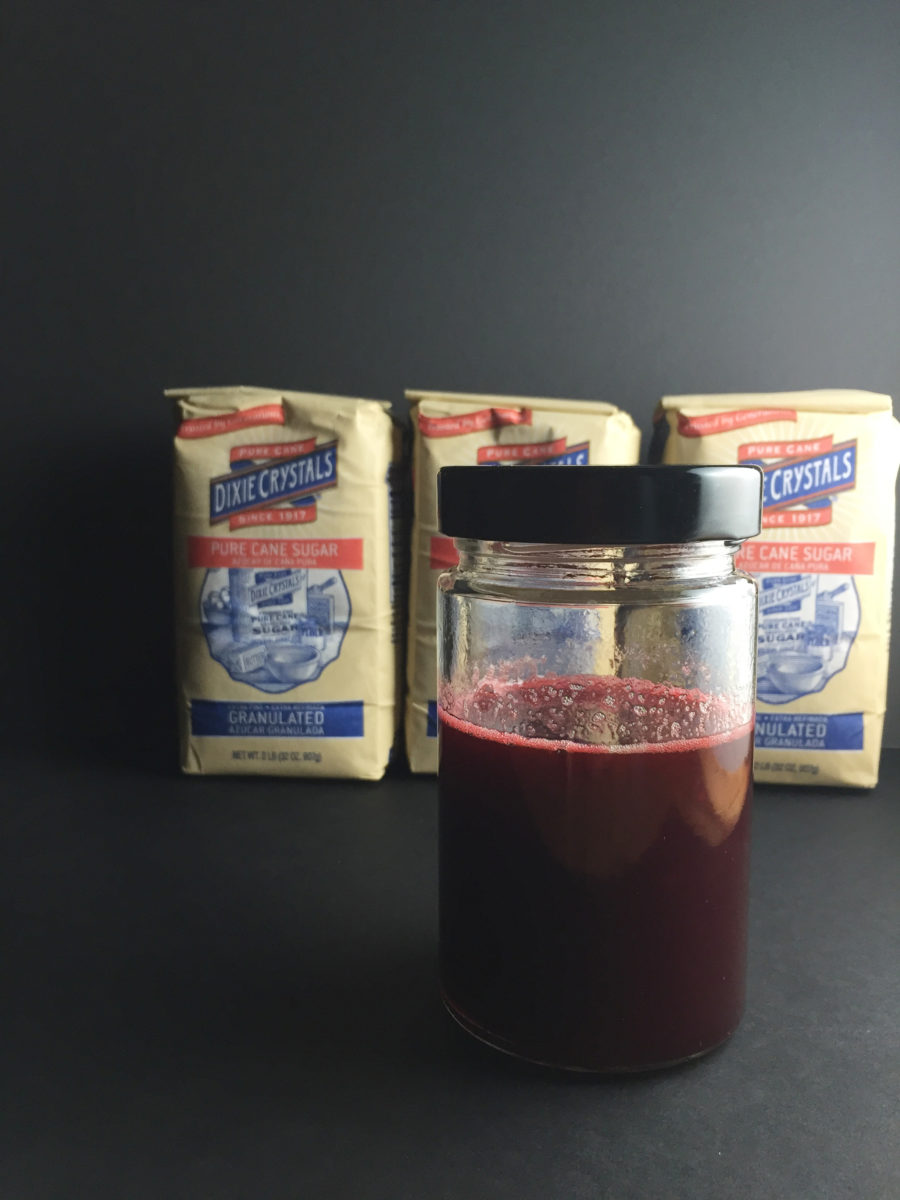 A jar of "blood" or raspberry syrup. #SundaySupper